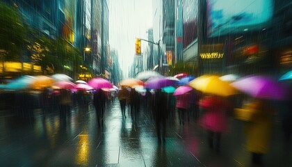 Rainy City Streets: Colorful Umbrellas Create a Vibrant Scene of People Collectively Navigating Through Adverse Weather Conditions in an Urban Environment