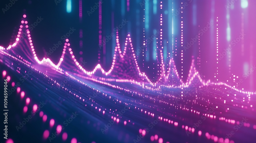 Poster abstract digital visualization of sound waves with vibrant colors and dynamic patterns.