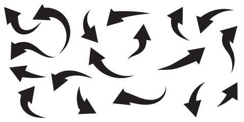 Black curved arrows icons set. Arrow sign in flat style. Wind movement image, process repeat symbol, rotation. Vector illustration.