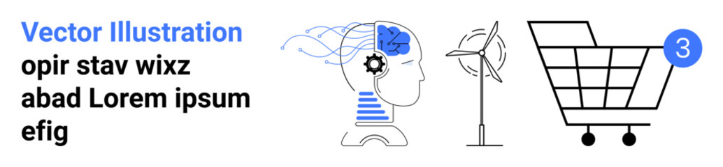 Human head with brain and gears, wind turbine, shopping cart with number 3. Ideal for technology, renewable energy, neuroscience, artificial intelligence, brain research, e-commerce, online shopping