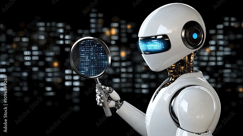 Poster a humanoid robot inspects data with a magnifying glass, surrounded by floating numbers and code symb