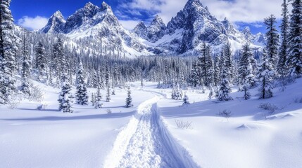 Majestic Snow-Covered Mountain Peaks Surrounded by Alpine Trees Under a Clear Blue Sky Capturing the Serenity of Winter Wilderness in Landscape Moment