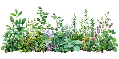 Vibrant herb and flower garden, a mix of greens and pops of color.