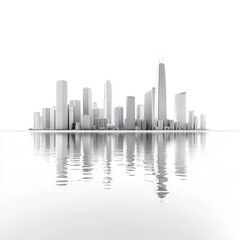 Obraz premium A minimalist city skyline reflecting in tranquil water, showcasing stunning modern architecture in a serene atmosphere.