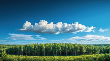 Naklejka premium Panoramic View of Lush Green Forest Under a Clear Blue Sky with Fluffy White Clouds Reflecting Serenity and Natural Beauty in a Vibrant Natural Landscape