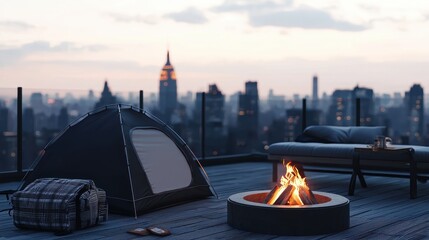 Obraz premium A cozy rooftop campsite features a tent, fire pit, and stunning city skyline, perfect for outdoor relaxation and urban adventure.