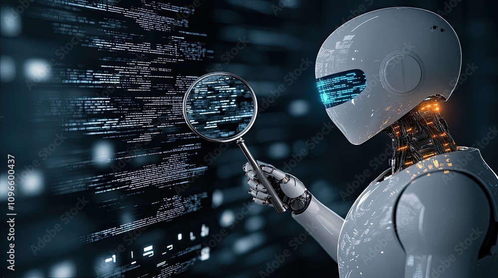 Poster a humanoid robot inspects data with a magnifying glass, surrounded by floating numbers and code symb