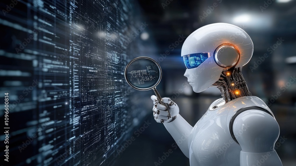 Poster a humanoid robot inspects data with a magnifying glass, surrounded by floating numbers and code symb