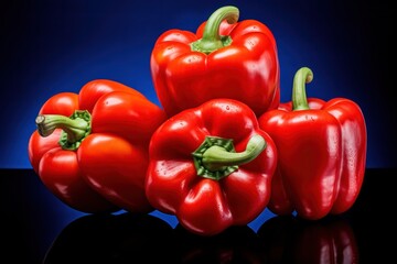 An artistic display of red bell peppers, showcasing their vibrant colors and smooth textures, on a rich blue surface, creating a bold visual impact.