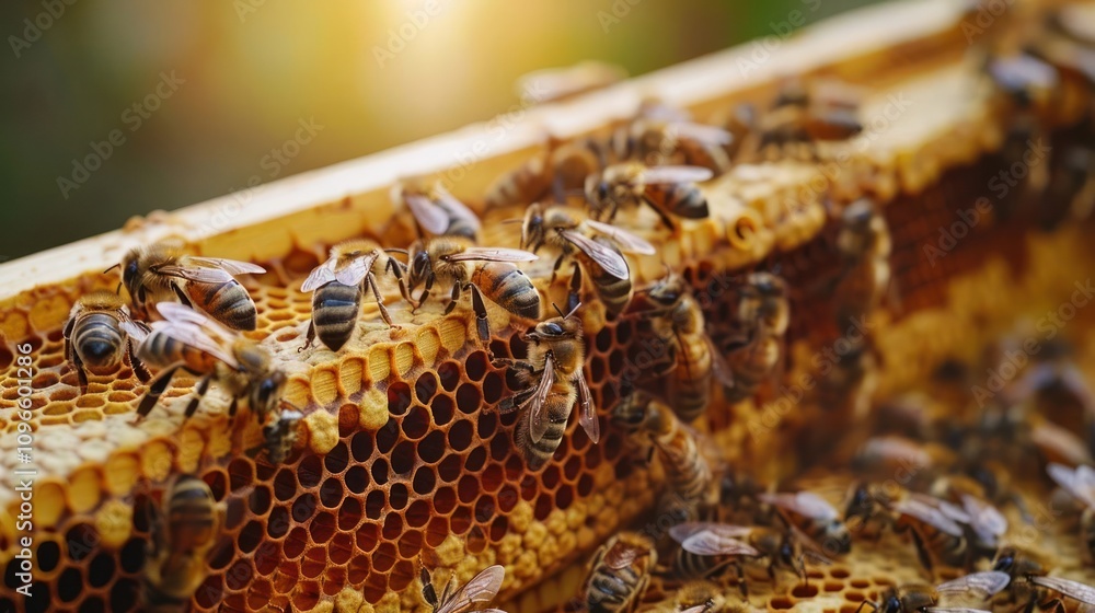 Poster close-up of honeybees working on honeycomb, creating a golden liquid.