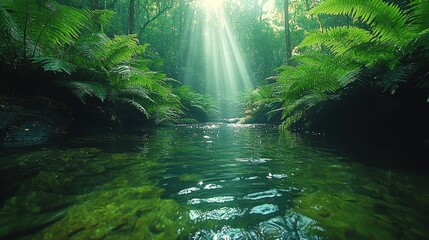 Obraz premium Enchanting Sunbeams Filtering Through Lush Canopy Over Tranquil Waters in Rainforest Revealing Nature's Serene Beauty at Dawn