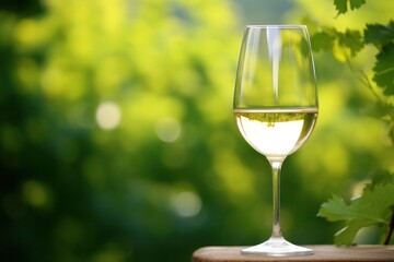 An elegantly styled glass of white wine against a gentle green background, with soft lighting accentuating the wine's golden tones and the smooth texture of the glass.