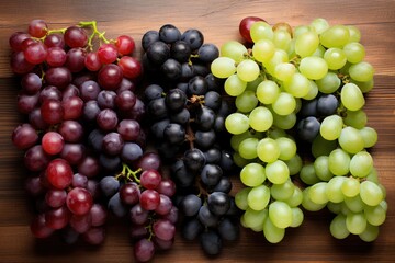 An overhead view of assorted grapes, including red, green, and black varieties, scattered on a rustic wooden surface, emphasizing the diverse colors and sizes of each grape