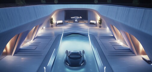 Futuristic car submerged in a modern, minimalist home garage. Sleek design, glowing lights, and a contemporary aesthetic.
