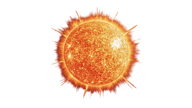 Bright sun illustration, vibrant orange color, white isolate background