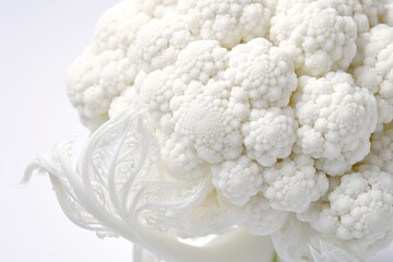 Close-up of a single cauliflower head displaying its intricate, fractal-like structure and smooth surface, set against a bright white backdrop.