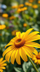 Fototapeta premium Close-up of yellow rudbeckia blooming in a garden, plant, detail