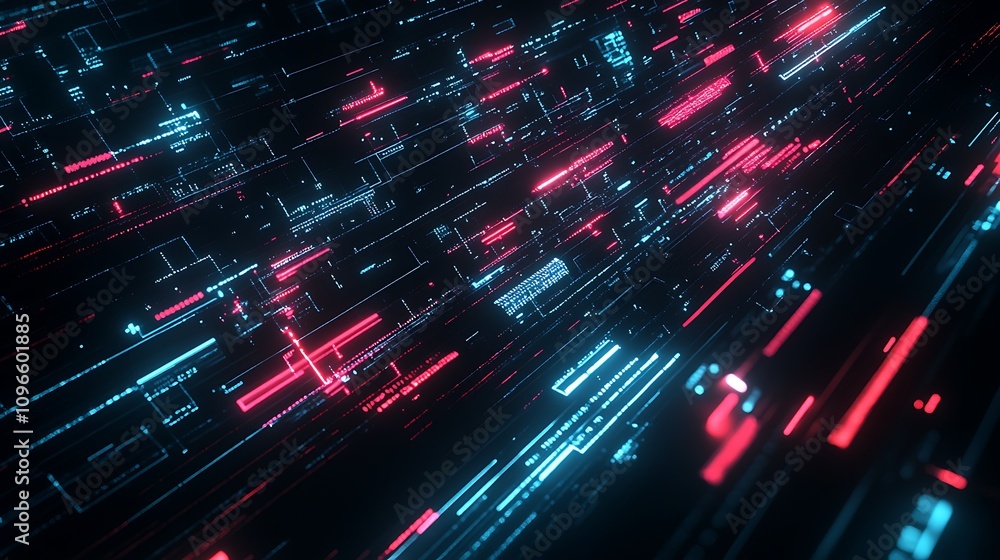 Aufkleber abstract digital landscape with glowing lines in red and blue, representing data flow.