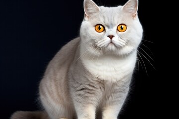 Obraz premium Graceful young blue tortie British Shorthair cat standing sideways, with its captivating deep orange eyes staring at the camera. 