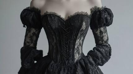 Elegant black lace corset with puffed sleeves, showcasing intricate design and craftsmanship.