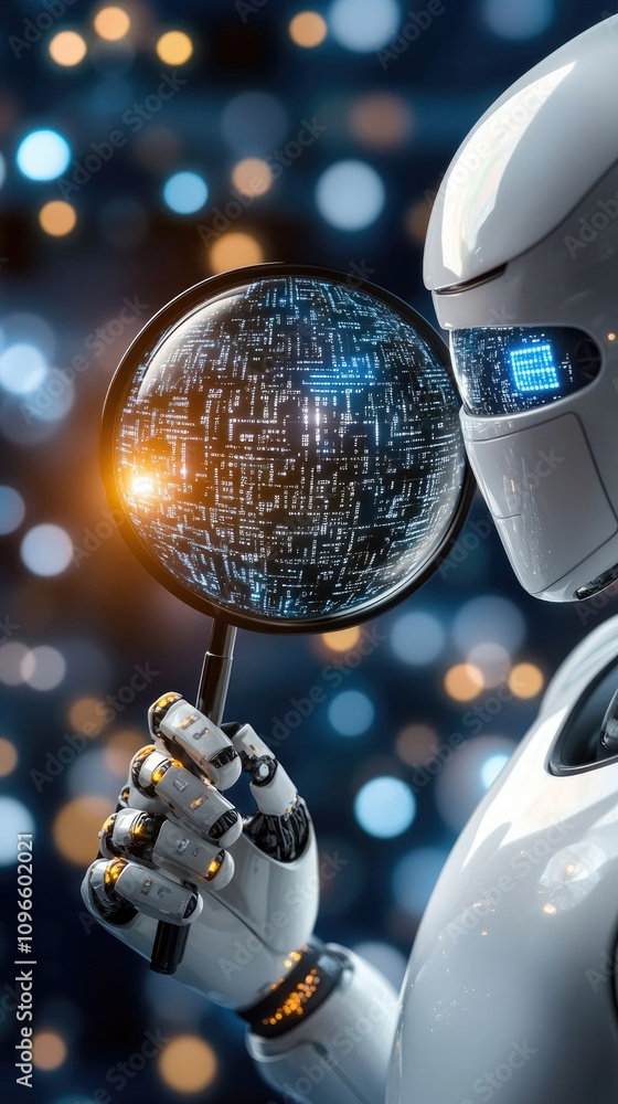 Poster a humanoid robot inspects data with a magnifying glass, surrounded by floating numbers and code symb