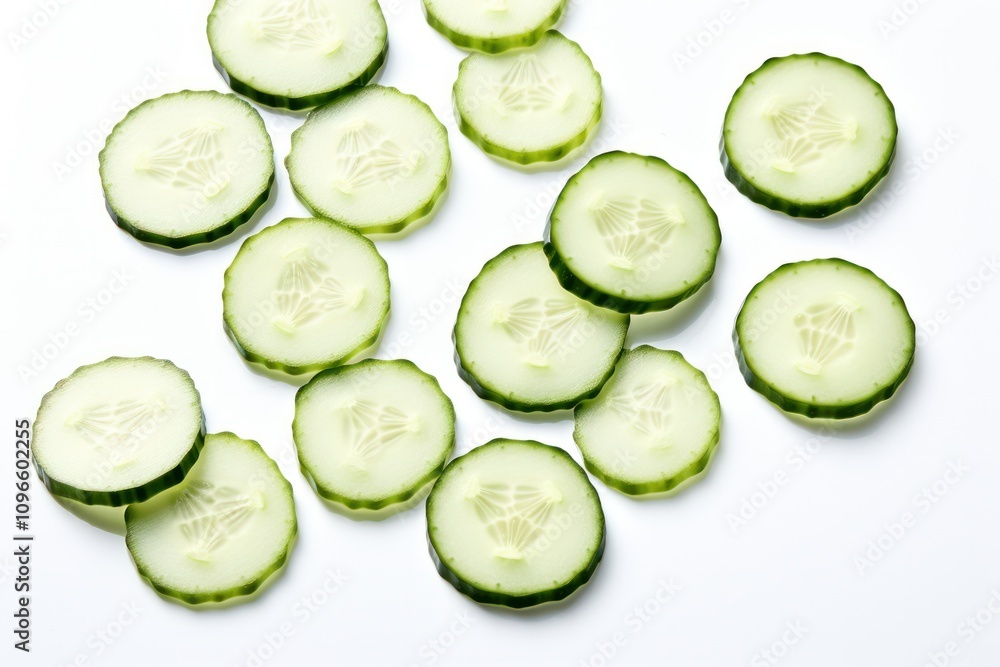 Poster top-down perspective of thinly sliced cucumbers, emphasizing their smooth surface and refreshing app