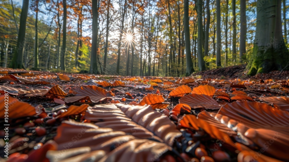 Poster low angle view of a forest path covered in fallen autumn leaves with the sun shining through the tre