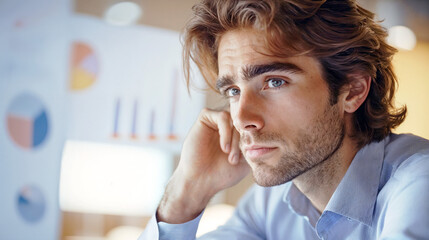 Pensive data analyst: Thoughtful young professional analyzing graphs and charts in a modern, well-lit office setting