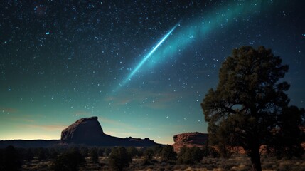 The comet's radiant blue-green hue illuminates the sky as it passes near a cluster of distant stars, with a faint trail of cosmic dust.