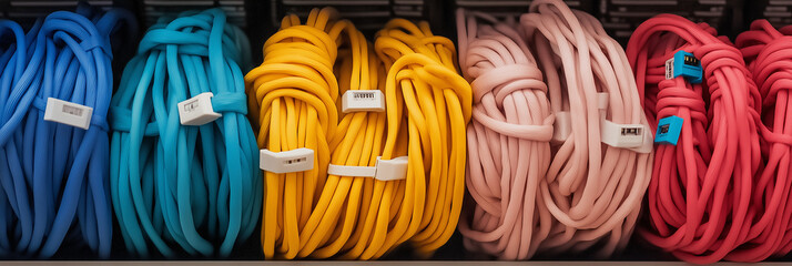 A collection of vibrant colored cables, meticulously organized in separate compartments, highlighting the aesthetics of organization and technological elegance.