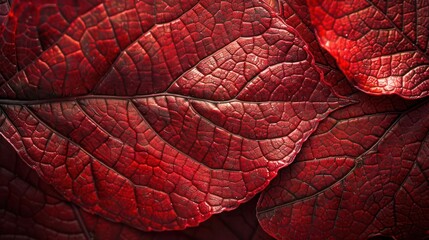 Close-up of vibrant red autumn leaves with intricate veins and textures.
