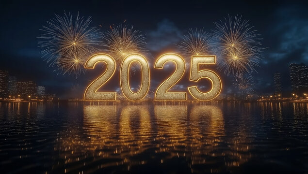 Golden illuminated '2025' with vibrant fireworks over a city skyline reflected in water, symbolizing New Year celebrations and urban festivity.