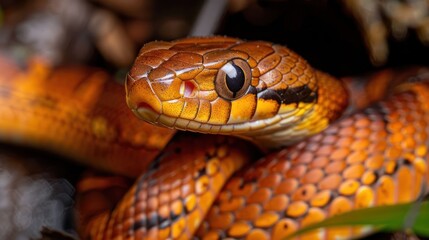 Obraz premium Close-up of a bright orange snake with black stripes, its head tilted up, looking directly at the camera.