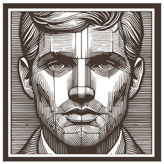 Man's Portrait in Woodcut Engraving Style, Vector Illustration for Vintage and Artistic Themes