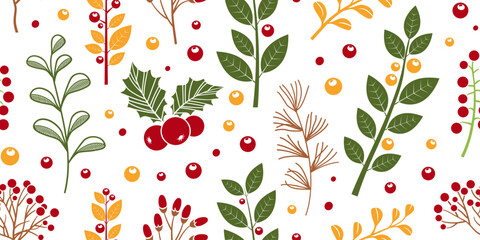 Christmas berry seamless pattern, mistletoe sprig, branch leaves background. Winter, autumn tree, holly berry, spruce, twig print. Red, green, brown, yellow colors Xmas vector illustration © Sylfida