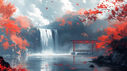 Autumnal Waterfall Scene with a Japanese Torii Gate