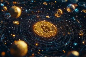 Bitcoin Coin at Center of Digital Solar System With Crypto Planets Orbiting. Digital Art Wallpaper Background.