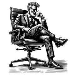 Businessman Sitting on Office Chair in a Pensive Pose, Vector Illustration in Woodcut Engraving Style for Professional Themes