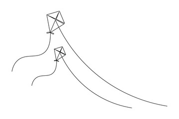 Flying kites  one line drawing of isolated outline flat vector icon