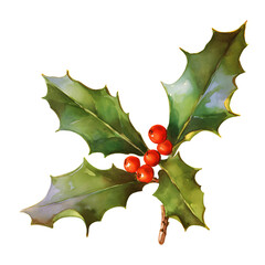 Fototapeta premium Holly green leaves and red berries isolated on transparent background. Symbol of pagan winter holiday Yule. Merry Christmas and Happy New Year. Element for design banner, card, poster