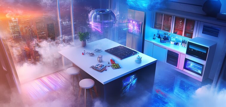 Futuristic kitchen interior with neon lights, a disco ball, and modern appliances.  Sleek design with a vibrant, otherworldly atmosphere.