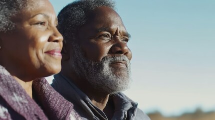 An elderly couple stands side by side, gazing into the distance. They appear content and serene, surrounded by a tranquil outdoor environment under a clear sky