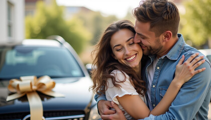 Couple joyfully embracing as they celebrate their new car acquisition, with a beautifully wrapped car in the showroom.