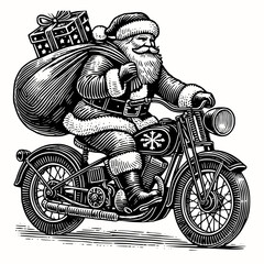 Santa Claus Riding a Motorcycle with Gift Sack, Vector Illustration in Woodcut Engraving Style for Christmas and Holiday Themes