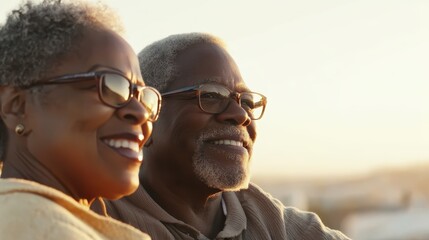 Grandparents share a joyful moment as they sit together outdoors during sunset. Their smiles radiate warmth and contentment amidst a peaceful environment