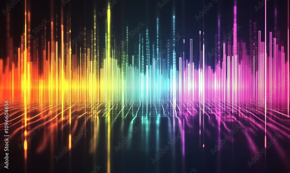 Poster colorful sound wave visualization representing audio frequencies and rhythms.