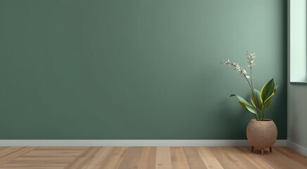 Minimalist interior with green wall, wooden floor and a plant in a pot.