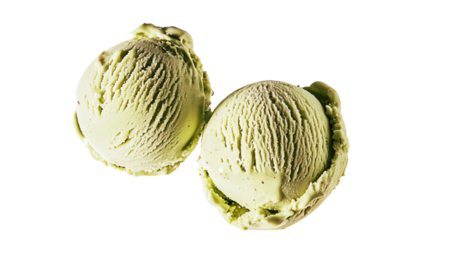 Two scoops of green ice cream on a white isolated background.