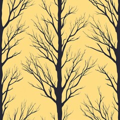 Fototapeta premium Seamless pattern of dark silhouettes of leafless trees on a pale yellow background.