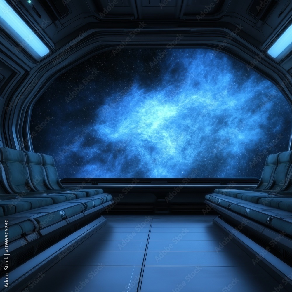 Poster spaceship interior with nebula view from large window.
